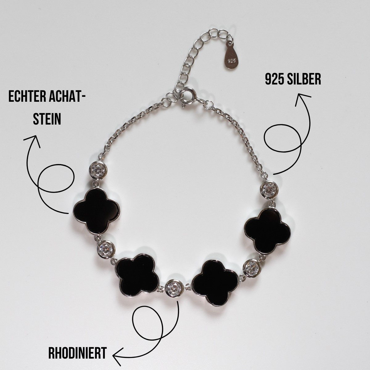 Kleeblatt Armband mit natürlichen Achat-Steinen aus 925 Silber für Damen