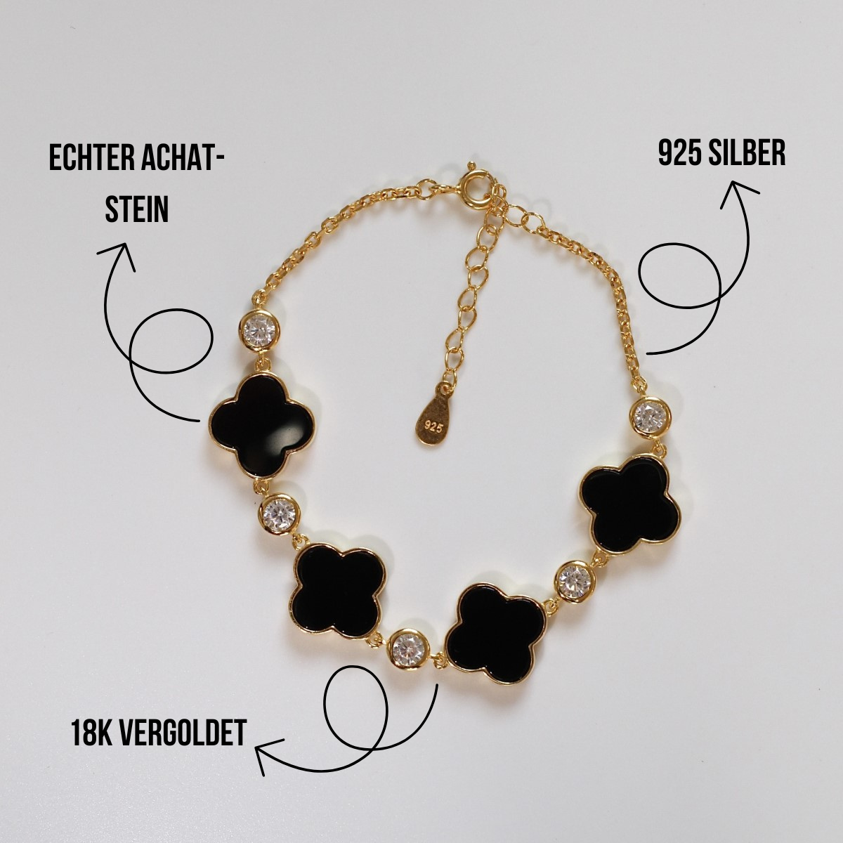 Kleeblatt Armband mit natürlichen Achat-Steinen aus 925 Silber 18K vergoldet für Damen
