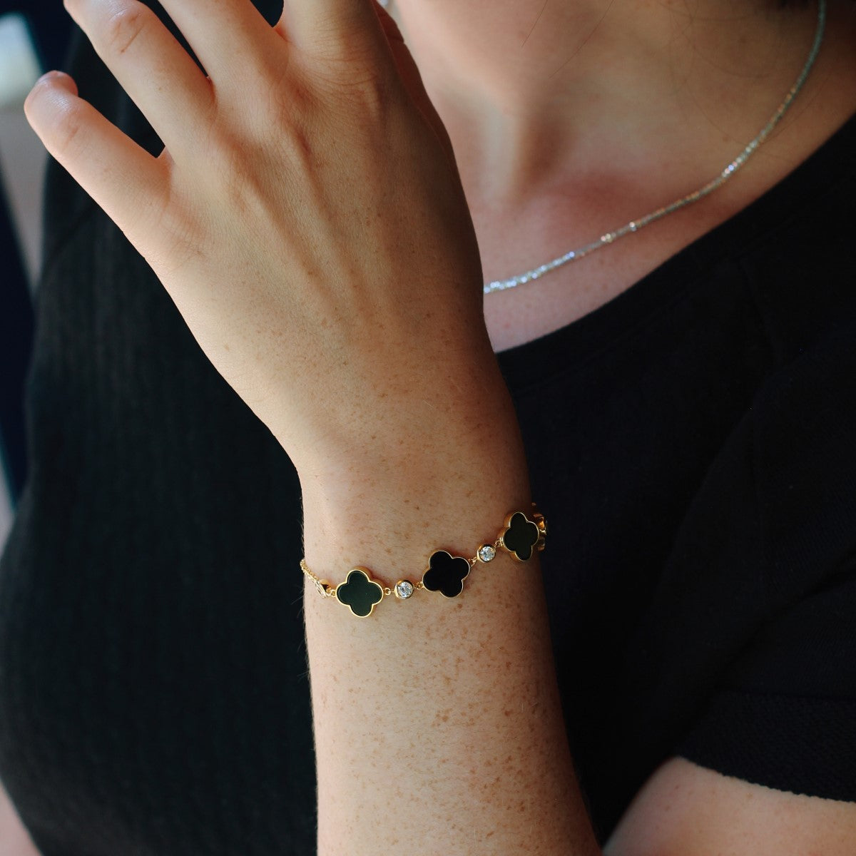 Kleeblatt Armband mit natürlichen Achat-Steinen aus 925 Silber 18K vergoldet für Damen