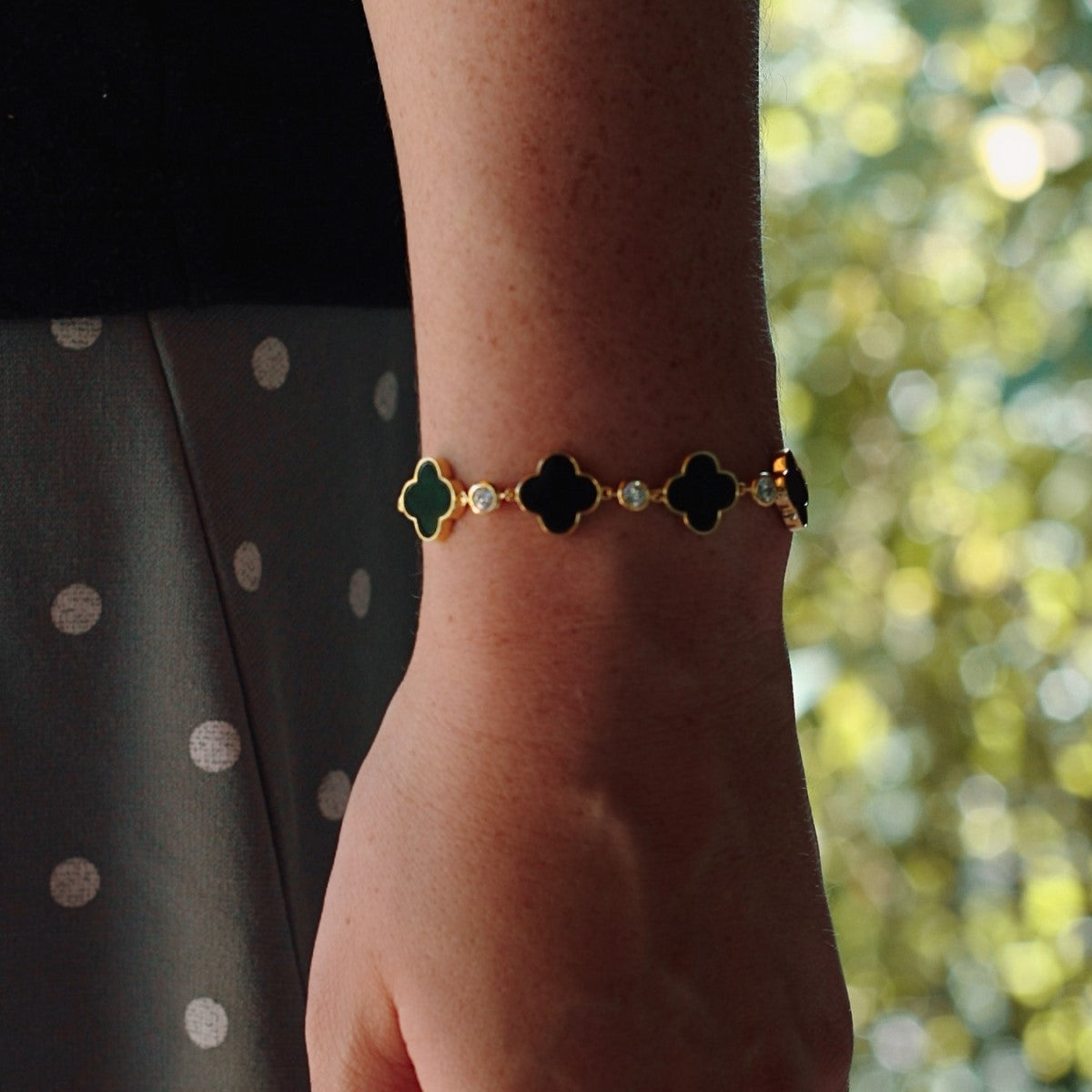 Kleeblatt Armband mit natürlichen Achat-Steinen aus 925 Silber 18K vergoldet für Damen