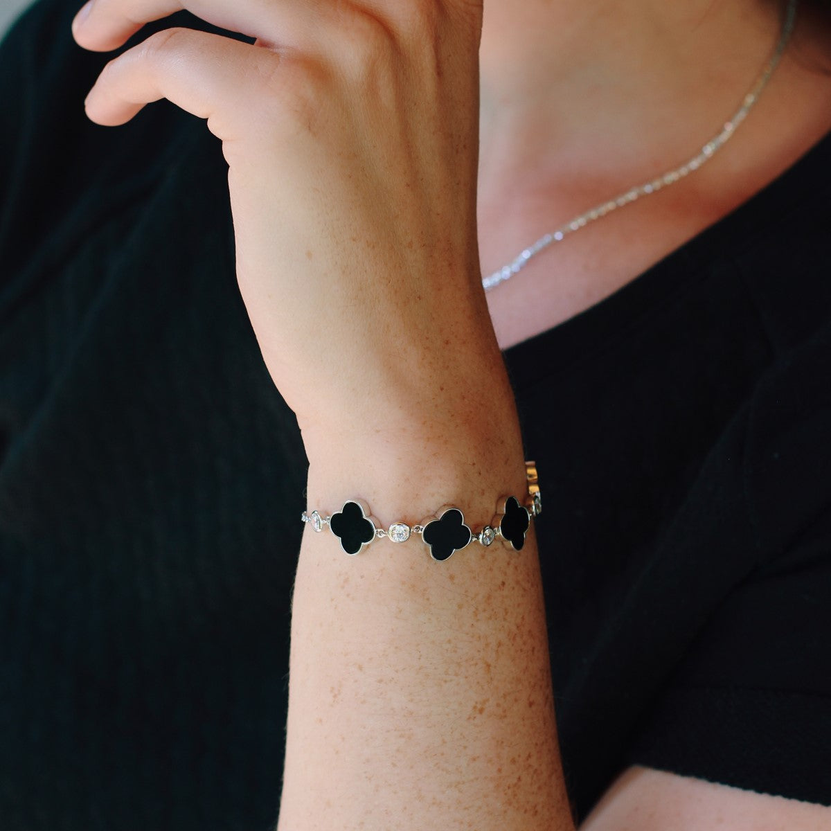 Kleeblatt Armband mit natürlichen Achat-Steinen aus 925 Silber für Damen